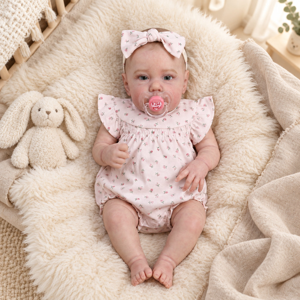 Margot, grand bébé reborn éveillé 55 cm, corps en tissu câlin