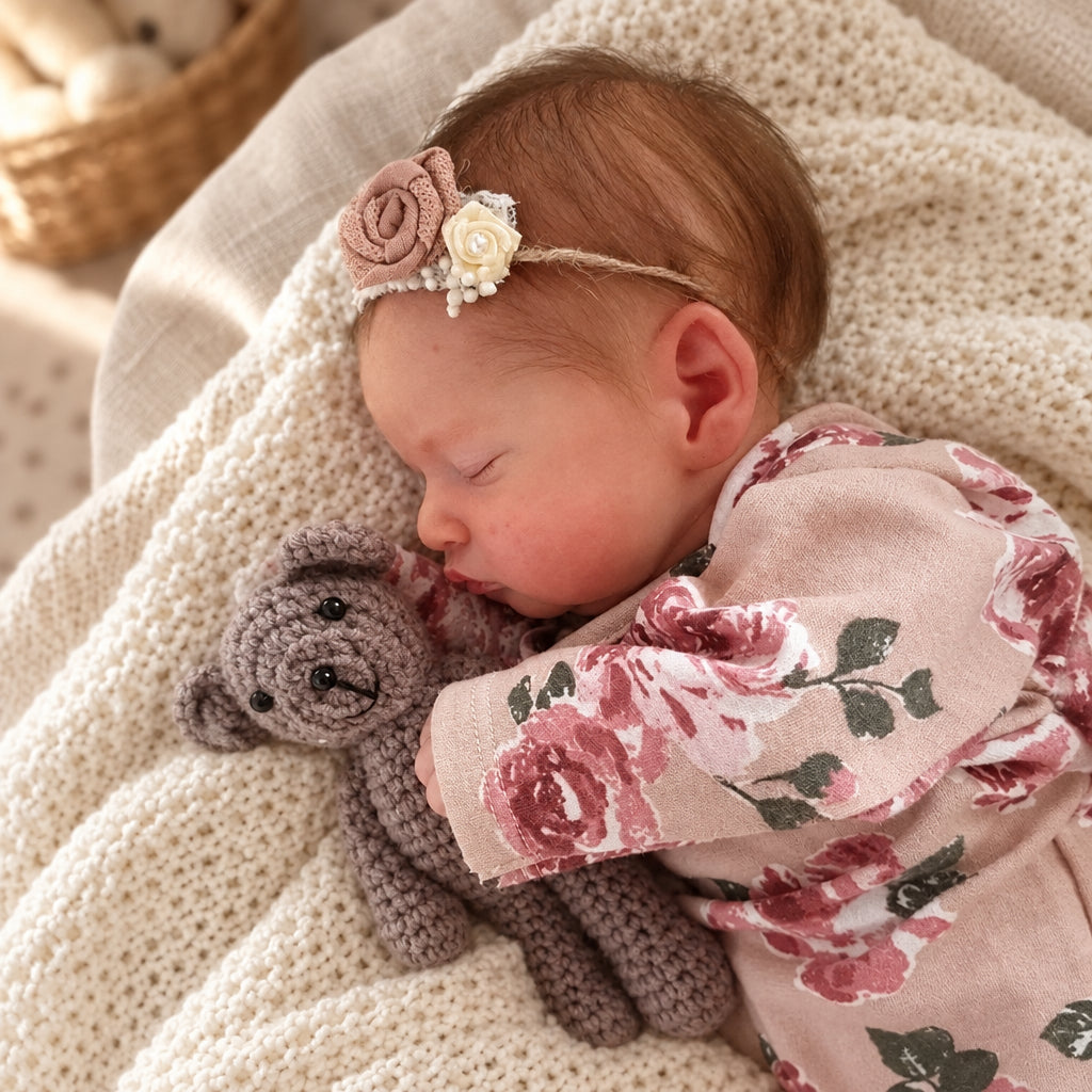 Rosalie, bébé reborn endormi 45 cm, allongée avec son ourson