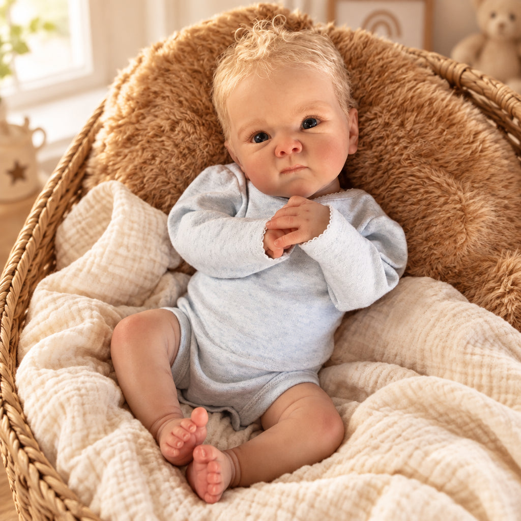 Léon, bébé reborn garçon 50 cm aux cheveux blond doré