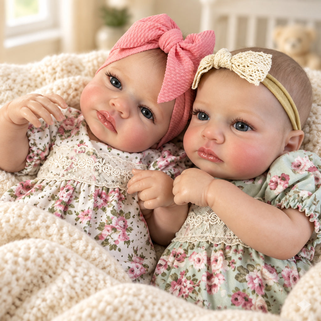 Alice et Rose, jumelles reborn aux yeux bleus, côte à côte