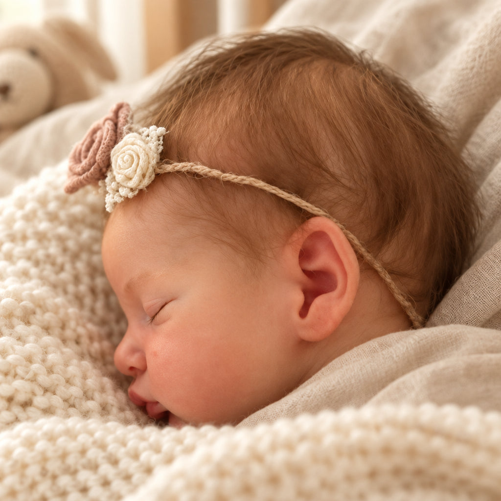Rosalie, bébé reborn endormi 45 cm, en tenue fleurie, détail du visage