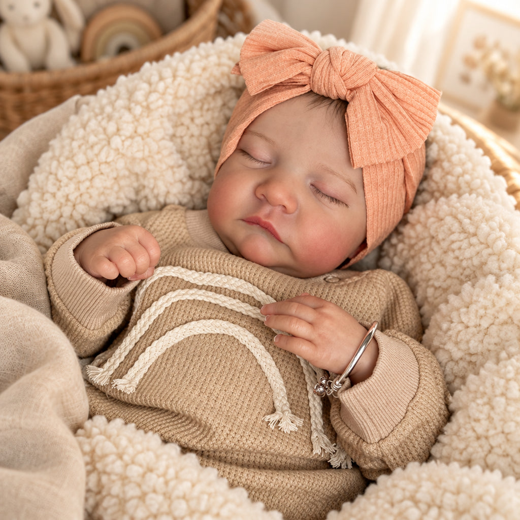 Lou, bébé reborn endormi 43 cm, détail du visage peint à la main