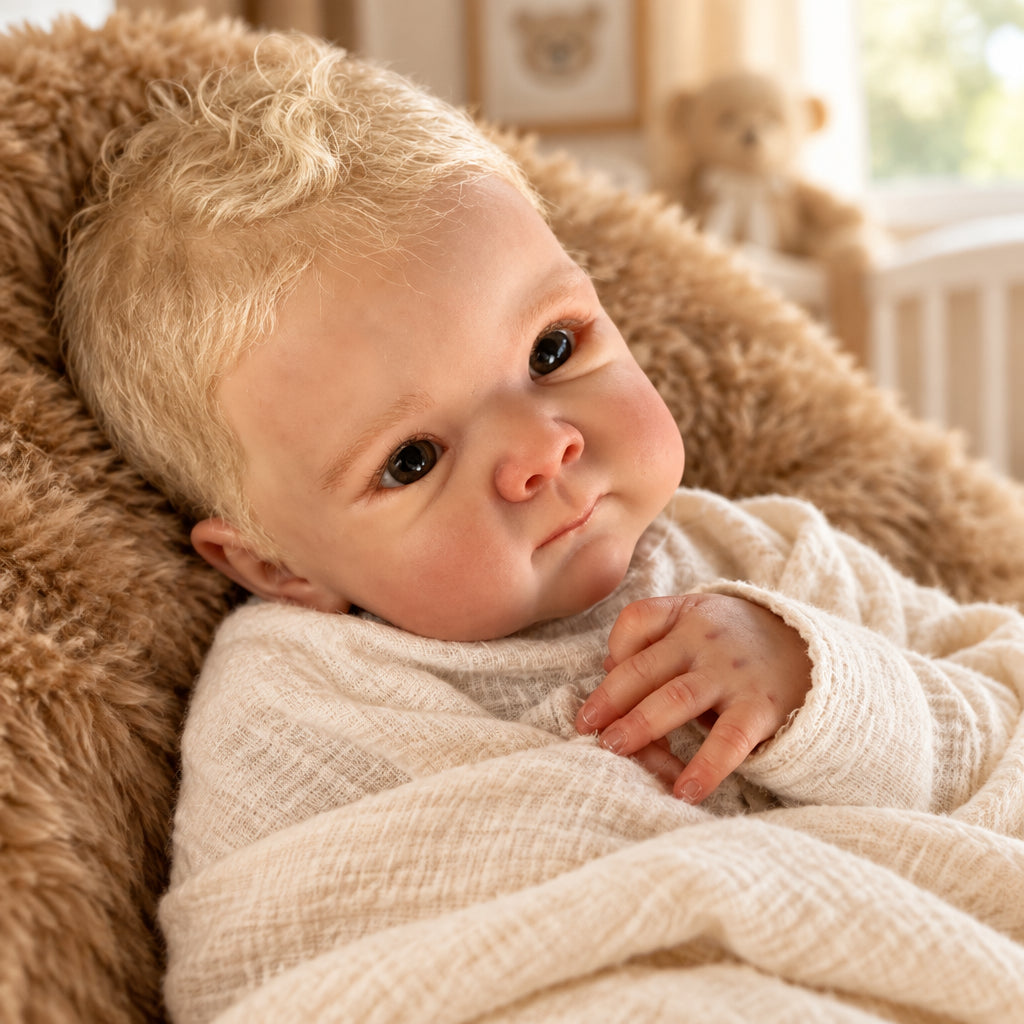 Léon, bébé reborn garçon éveillé 50 cm, détail du visage